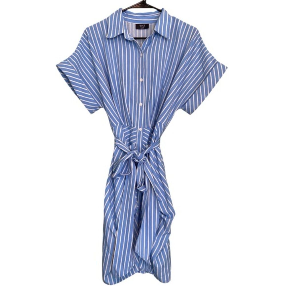 Vici Collared Belted Ruched Striped Shirtdress Bu… - image 6